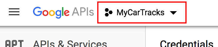 Google APIs select MyCarTracks project