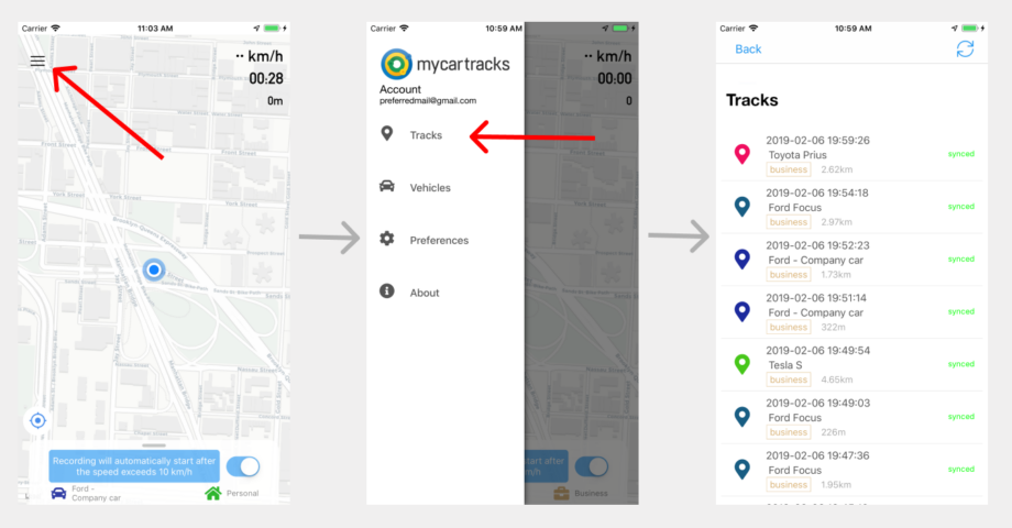 MyCarTracks iOs menu tracks steps