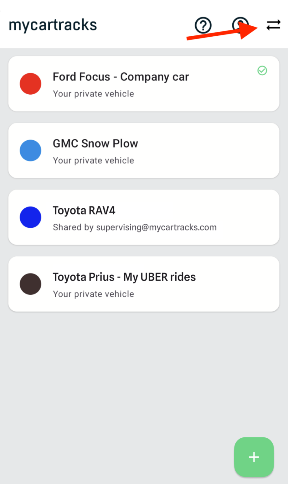 MyCarTracks sync and select vehicle