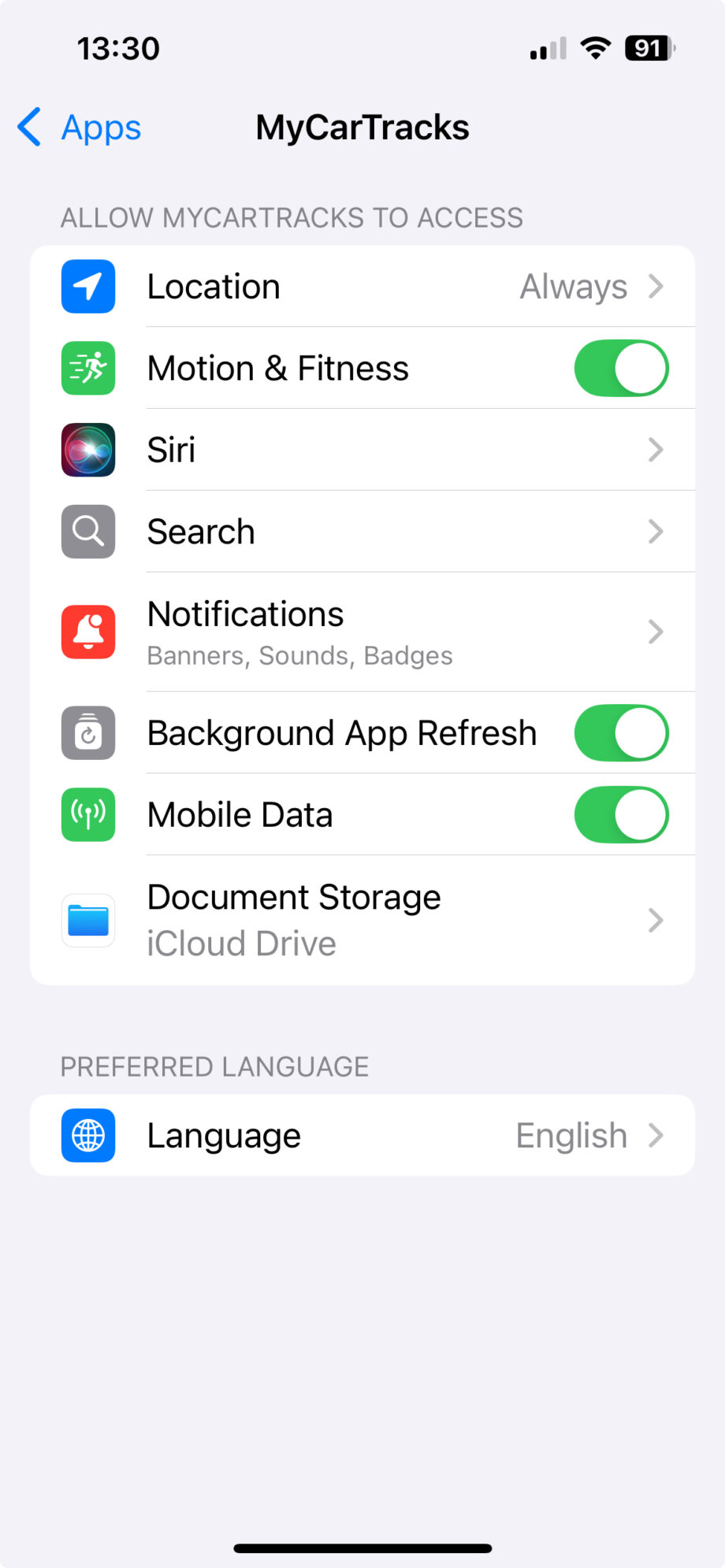 MyCarTracks iOS Apps Settings
